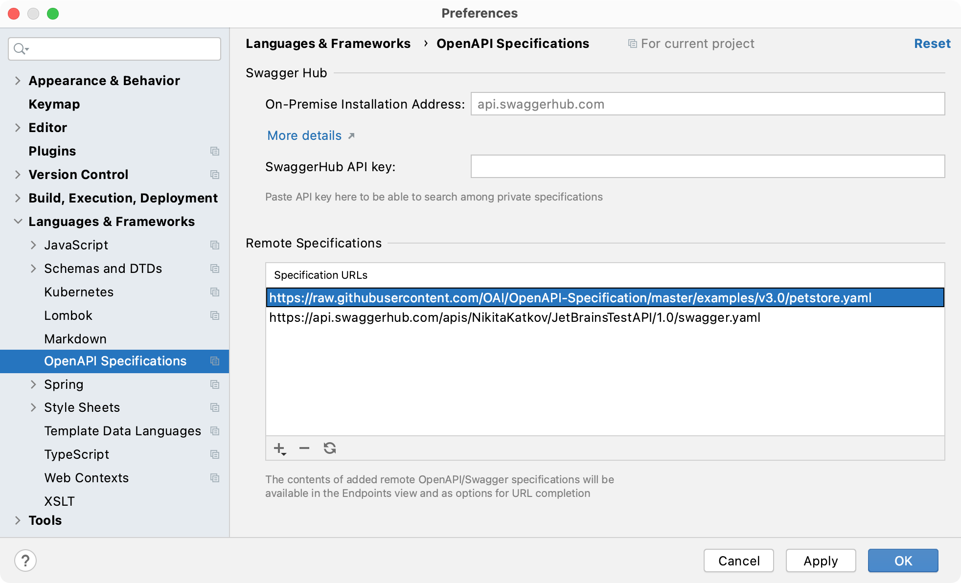 The OpenAPI Specification settings The OpenAPI Specification settings