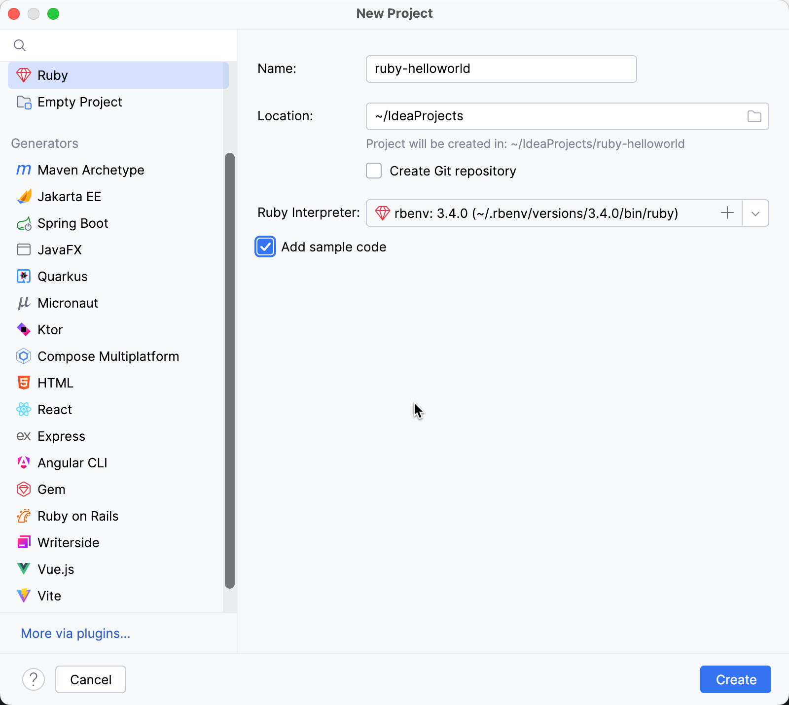 New project dialog / Ruby