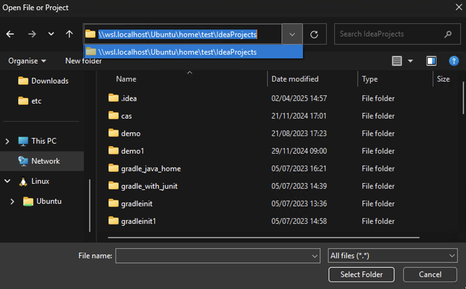 Open project stored in the WSL file system