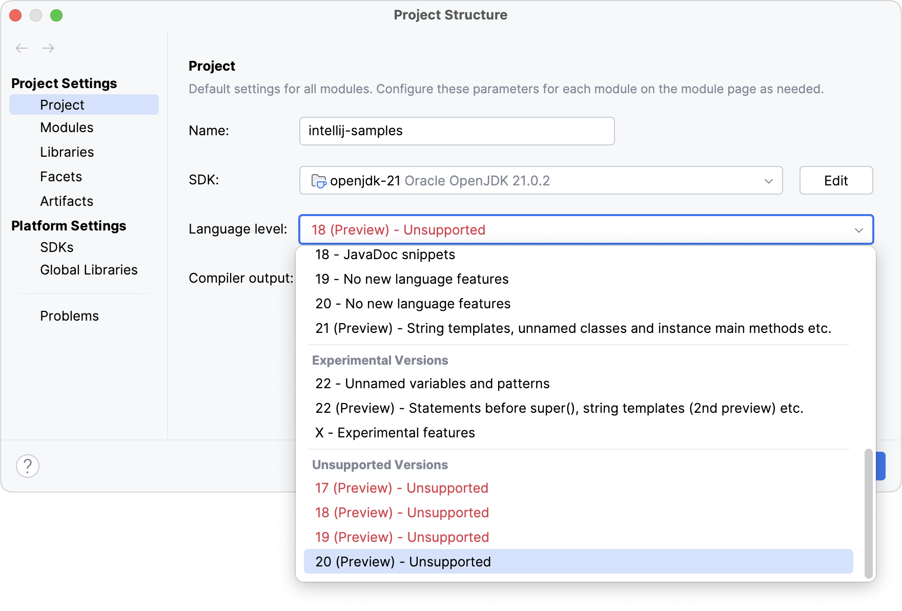selecting preview features in Language level selecting preview features in Language level