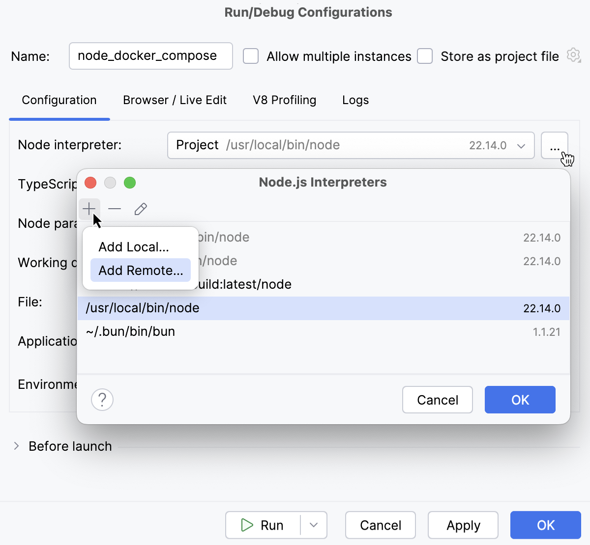 Node.js with Docker: run/debug configuration, configure interpreter, select Add Remote