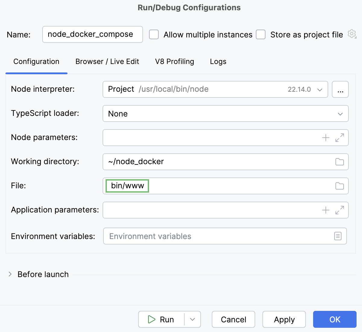 Node.js run/debug configuration: JavaScript file specified