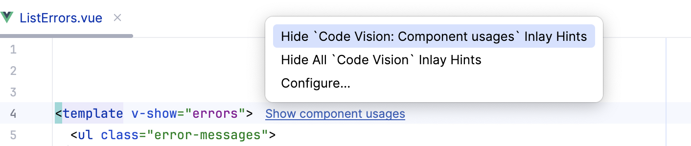Turn off Component usages in the editor Turn off Component usages in the editor