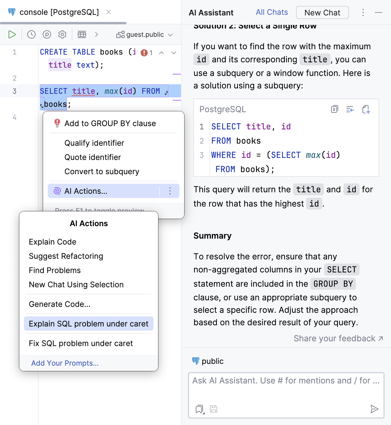 AI Assistant explains problems in the selected SQL code AI Assistant explains problems in the selected SQL code