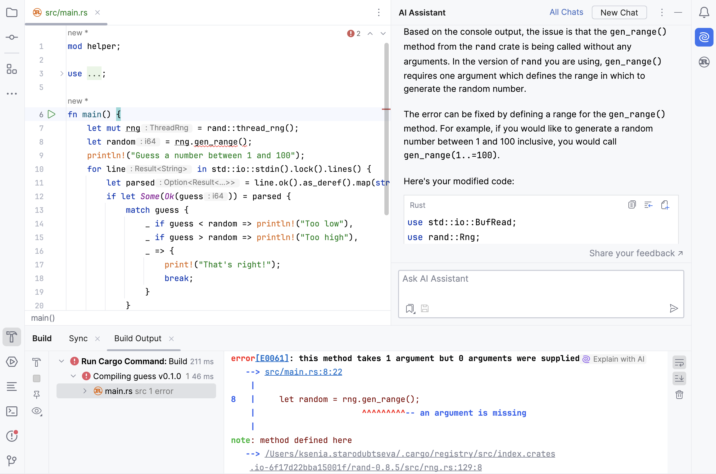 AI Assistant tool window with an explanation of the compilation error AI Assistant tool window with an explanation of the compilation error