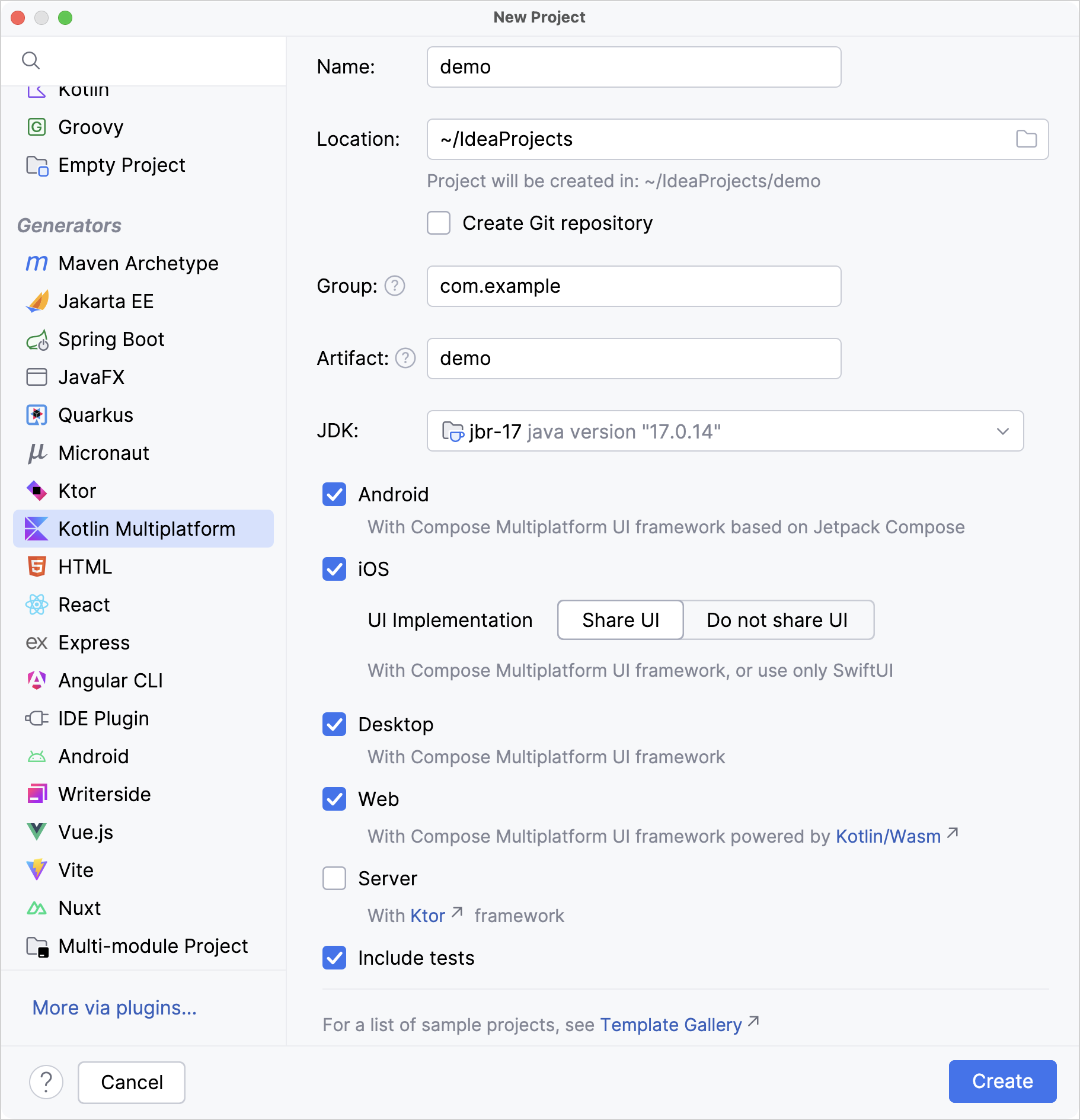 IntelliJ IDEA Wizard with default settings and Android, iOS, desktop, and web platforms selected IntelliJ IDEA Wizard with default settings and Android, iOS, desktop, and web platforms selected